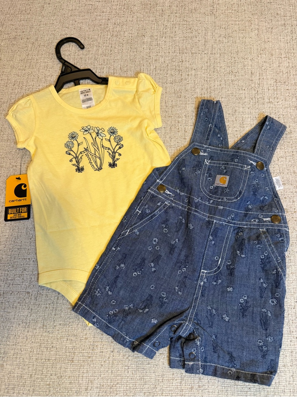 Carhartt Yellow Floral Bodysuit with Blue Denim Floral Overalls